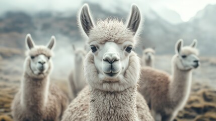 White llama close up in mountain landscape. Herd of alpacas in misty Andean highlands. Soft focus wildlife photography showing curious camelid looking at camera. 8k