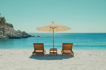 Obraz premium Calm Beach Escape Sunny Sky, Wooden Loungers