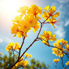 Obraz premium Radiant yellow tabebuia blossoms shining in the sunlight against a blue sky, garden setting, botanical species, radiant