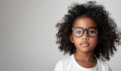 Obraz premium Portrait of a smiling young afro American boy wearing eyeglasses in a modern building, possibly a school or office 