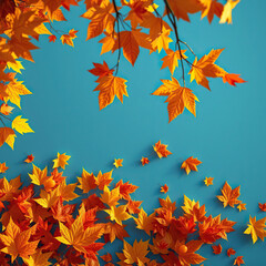 Rich color palette of yellow and orange leafs on blue surface, seasonal decor, colorful arrangement, seasonal contrast