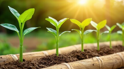 the environment greenhouse adaptation Concept. Fresh green seedlings rise from rich soil, illuminated by warm sunlight, symbolizing growth and new beginnings in a vibrant, natural setting.