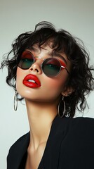 Obraz premium Fashion Portrait of a Woman with Red Lipstick and Round Sunglasses
