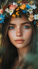 Naklejka premium Beautiful Woman with Flower Crown - Portrait Photography
