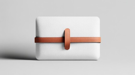 Obraz premium Minimalist white leather case with brown strap displayed on a light gray background