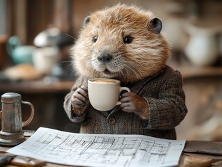 Focused Beaver Businessman Sipping Coffee and Studying Blueprints on Desk