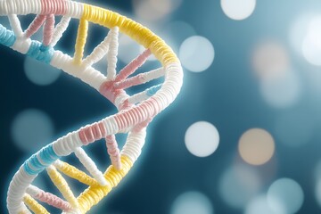 A close-up of the DNA double helix, with vibrant colors representing different parts of its structure. The background is dark and blurred
