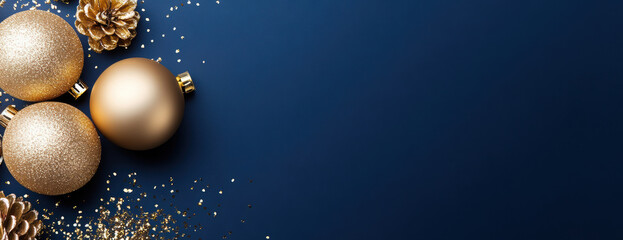 Christmas ornaments with glitter pinecones on a dark blue background, leaving space for a festive banner design.
