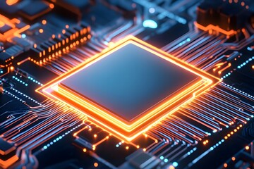 Obraz premium A futuristic, glowing square in orange and blue neon lights. The background is dark and has elements of tech design