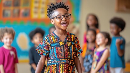 Joyful young boy in colorful traditional outfit laughing and dancing with friends in a vibrant classroom setting, celebrating culture and friendship