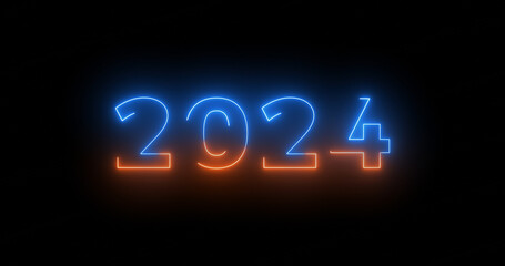 2024 neon text new year celebration clip for cinematic intro outro black bg. Glowing neon lines moving new beginning for growth, business. Goodbye 2024, year of learning Shimmering haze foggy style