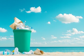 A trash can on the beach is overflowing with garbage, while plastic bottles and paper bags are scattered around it. The sky above features white clouds against an ocean backdrop