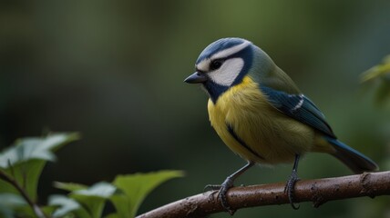Obraz premium Blue tit perched on a branch, showing vibrant plumage against a blurred green background.