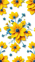 Fototapeta premium Sunny yellow and deep blue floral pattern on a white surface, repeat, fashion, digital print
