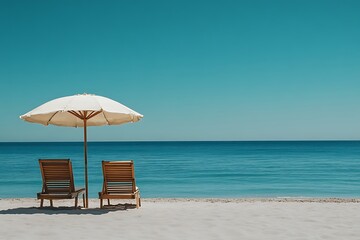 Obraz premium Peaceful Coastal Escape Beach Chairs, Umbrella, Sunny Seascape