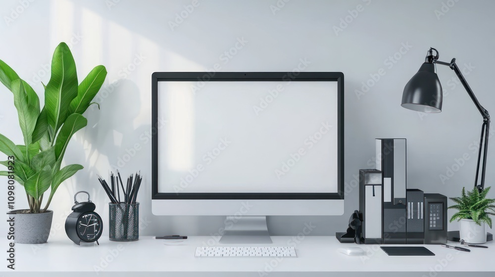 Poster Modern Minimalist Workspace With Blank Computer Screen