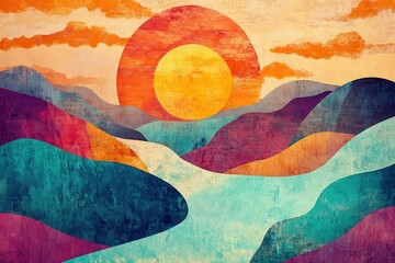 Fototapeta premium Artisan creations: dynamic landscape backdrop with lively patterns and bright visual designs