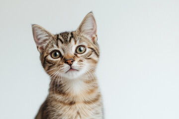 Obraz premium A beautiful kitten in close-up. Cute kitten on a white background with a place for text. Pet. Animal care. Background with animals