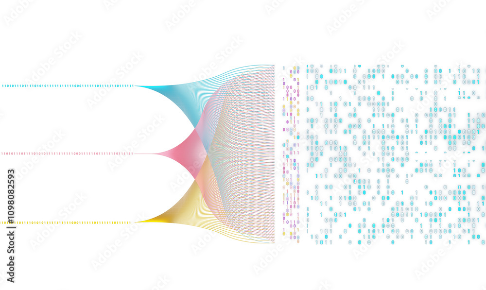 Poster Abstract representation of data flow with binary digits, colorful gradient lines, on a clean white background, concept of big data. 3D Rendering.