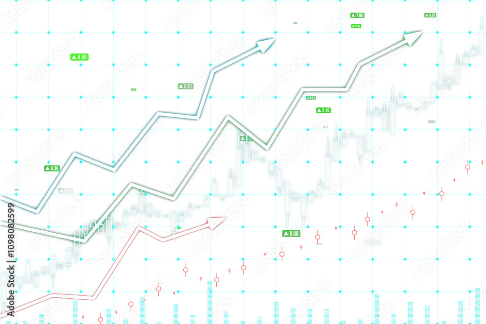 Poster Financial chart with arrows and data points in a holographic style on a white background, representing growth, analysis, and success. 3D Rendering.