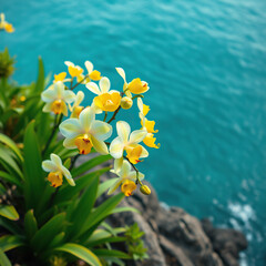 Fototapeta premium Vibrant yellow and white orchids on lush green foliage by the seaside, foliage, petals