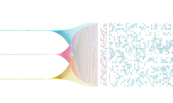 Abstract representation of data flow with binary digits, colorful gradient lines, on a clean white background, concept of big data. 3D Rendering.