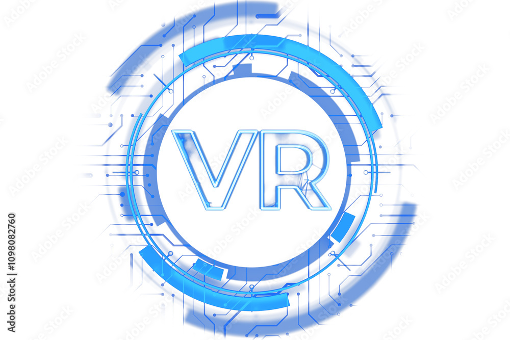Aufkleber virtual reality vr hologram in blue neon style within circular futuristic digital design, isolated o