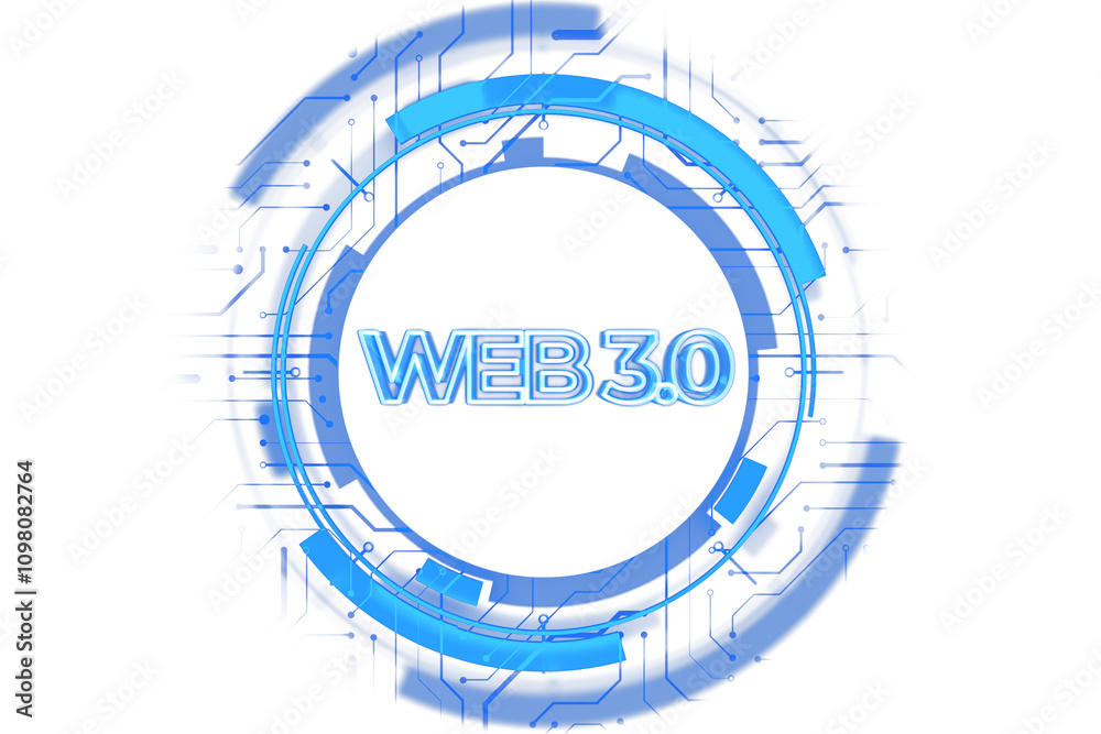Poster Web 3. 0 holographic text within a digital blue circular frame, futuristic elements, white background, concept of virtual technology and design. 3D Rendering.