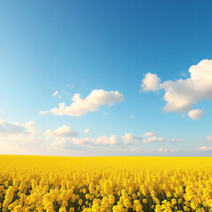 Vibrant yellow rapeseed field with fluffy clouds in the sky, blooming, nature, scenic