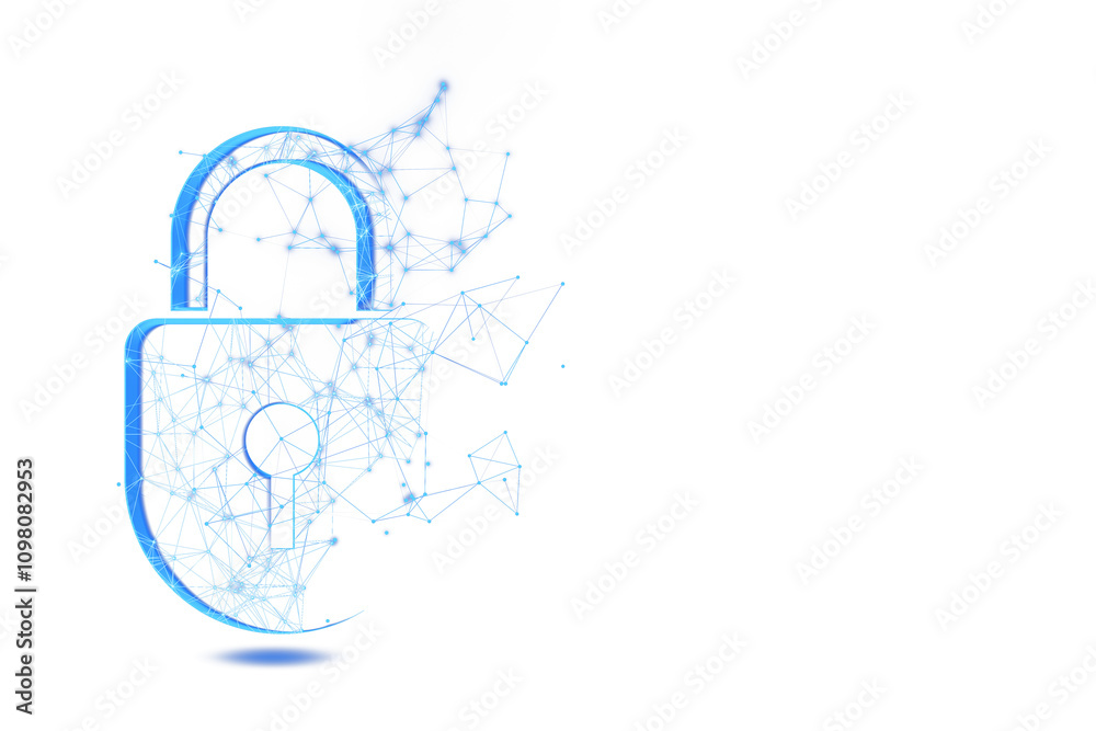 Poster digital lock icon with a wireframe holographic design on a clean white background, emphasizing cyber