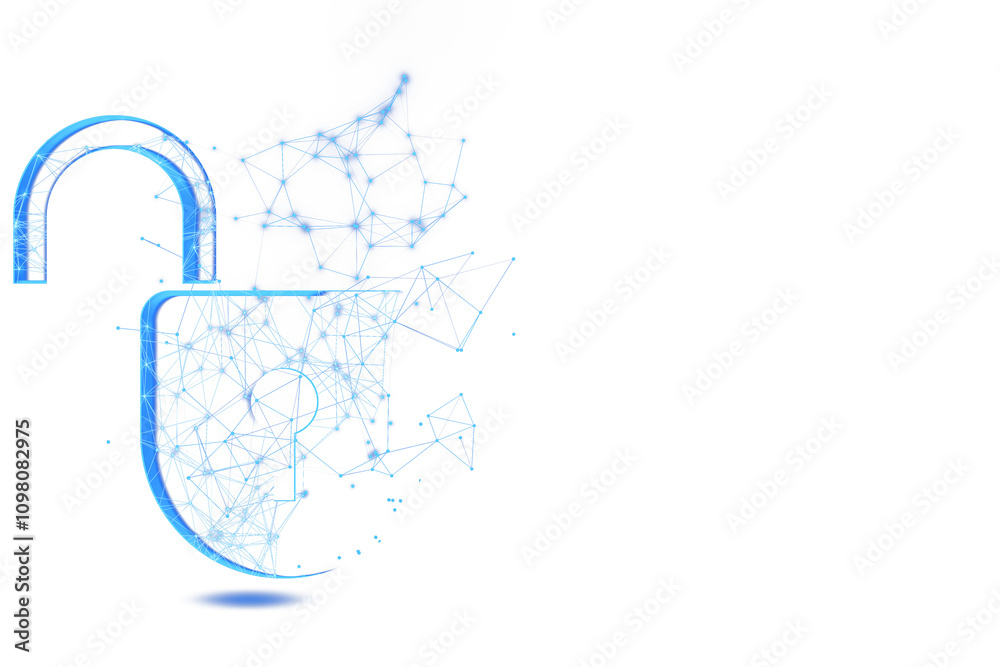 Poster Open digital lock with blue holographic lines forming a network, isolated on a clean white background. Concept of cybersecurity and technology. 3D Rendering.