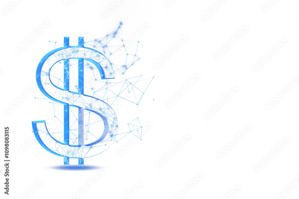 Poster blue dollar sign design with holographic lines, abstract digital network style on a clean white back