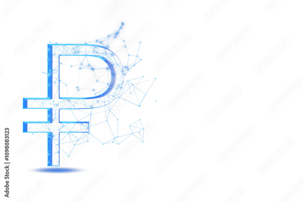 Poster Digital ruble symbol in a blue holographic style with connected lines and nodes, isolated on a clean white background, concept of technology. 3D Rendering.
