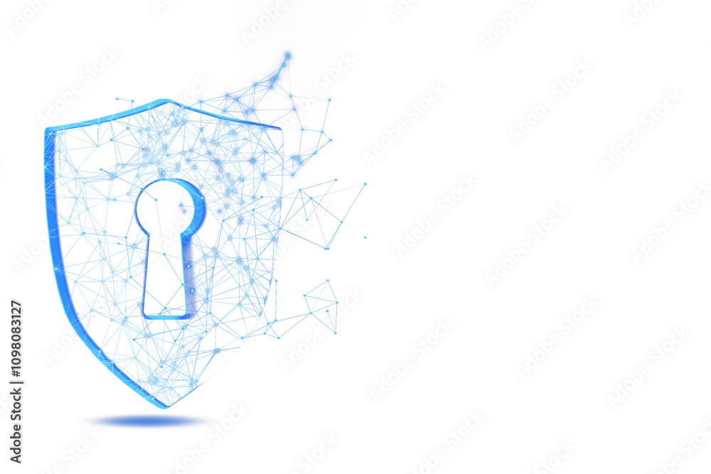 Aufkleber abstract blue digital shield with a keyhole, wireframe design, glowing lines, white background. conc