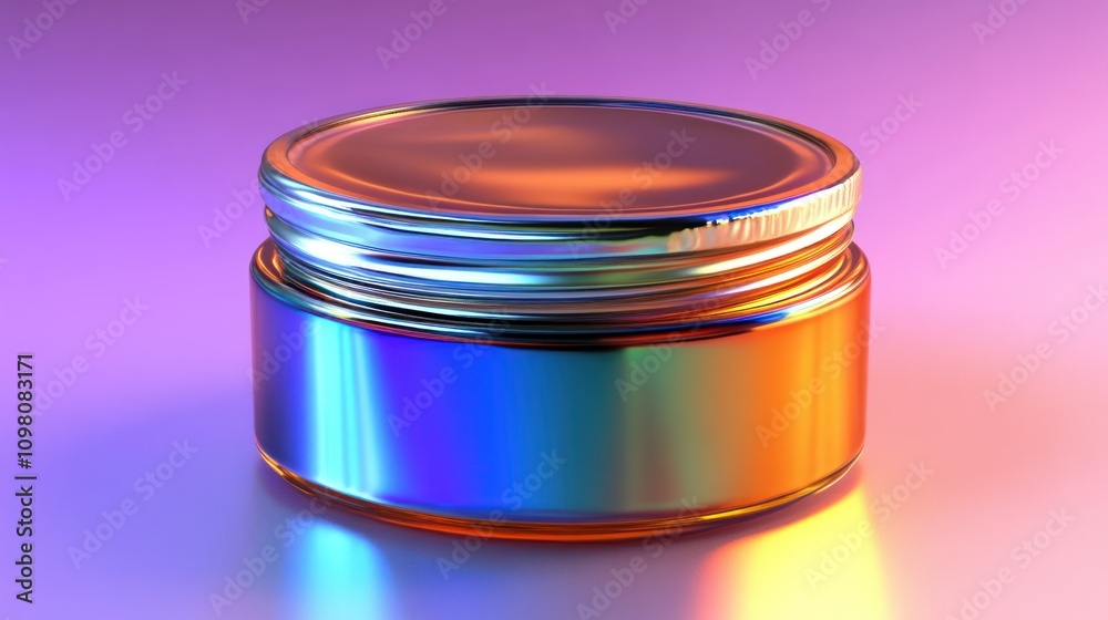 Poster iridescent jar with metallic lid on purple background