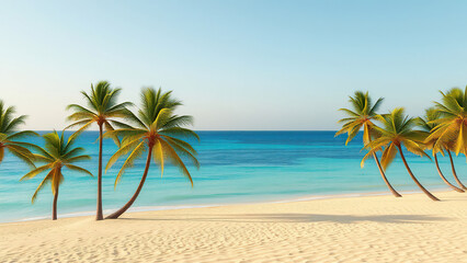Obraz premium Warm sandy beach with swaying palm trees and turquoise water in the background, vacation, seaside, warm sand, summer, turquoise