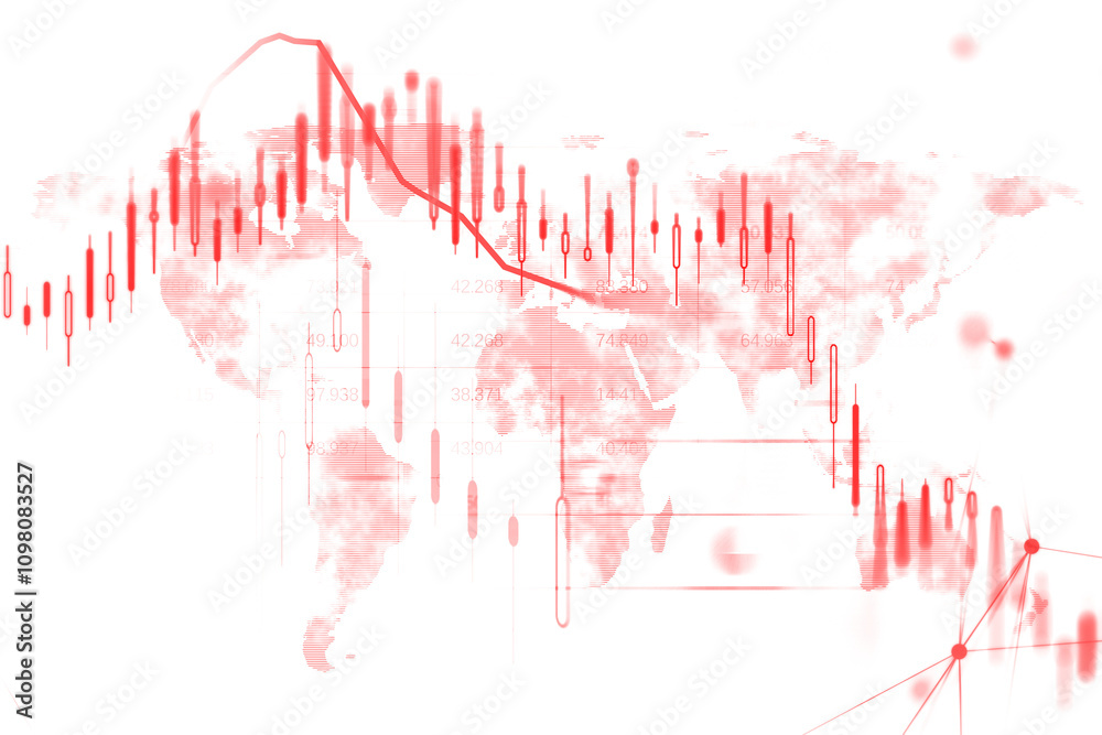 Poster abstract red stock market chart, candlestick and trend lines overlaying a world map in white backgro