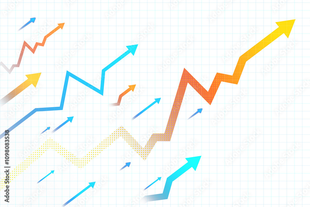 Aufkleber Multicolored upward arrows and graph lines on a grid background, representing growth and progress, clean design, concept of success. 3D Rendering.