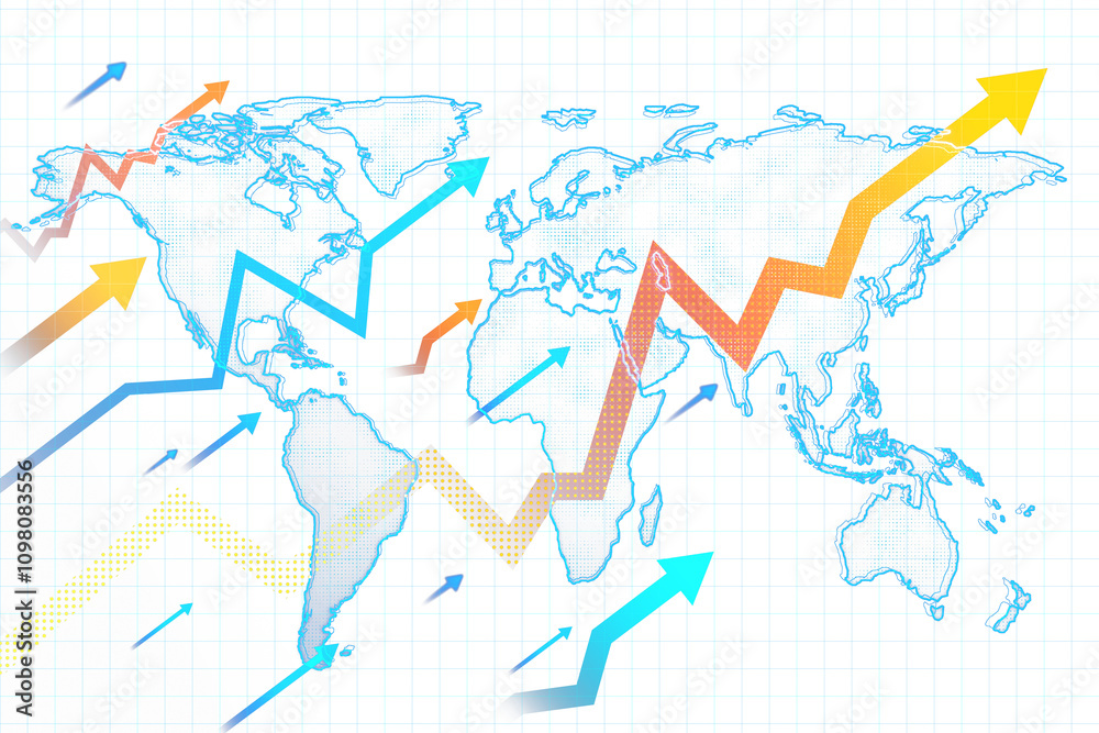 Aufkleber World map with colorful upward arrows and graph lines, placed on a white grid background, representing growth and progress concept. 3D Rendering.