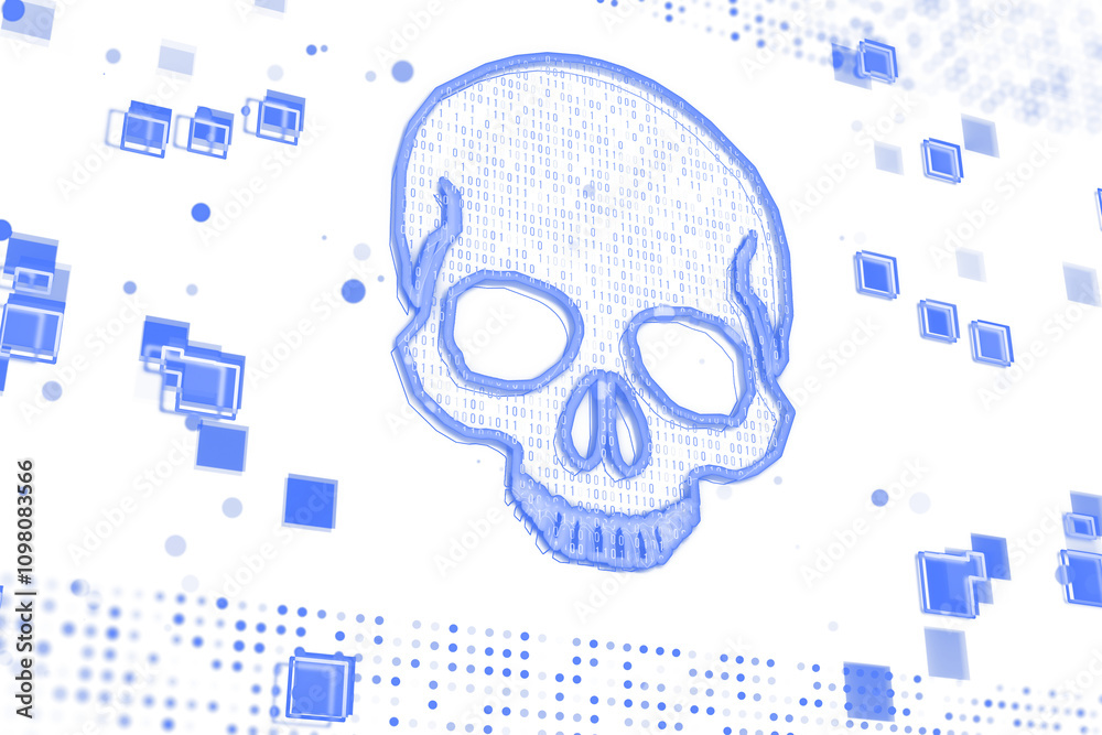 Poster Skull outline with binary code, blue neon style, geometric elements, white background. Concept of digital threats, technology, security. 3D Rendering.