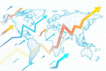 World map with colorful upward arrows and graph lines, placed on a white grid background, representing growth and progress concept. 3D Rendering.