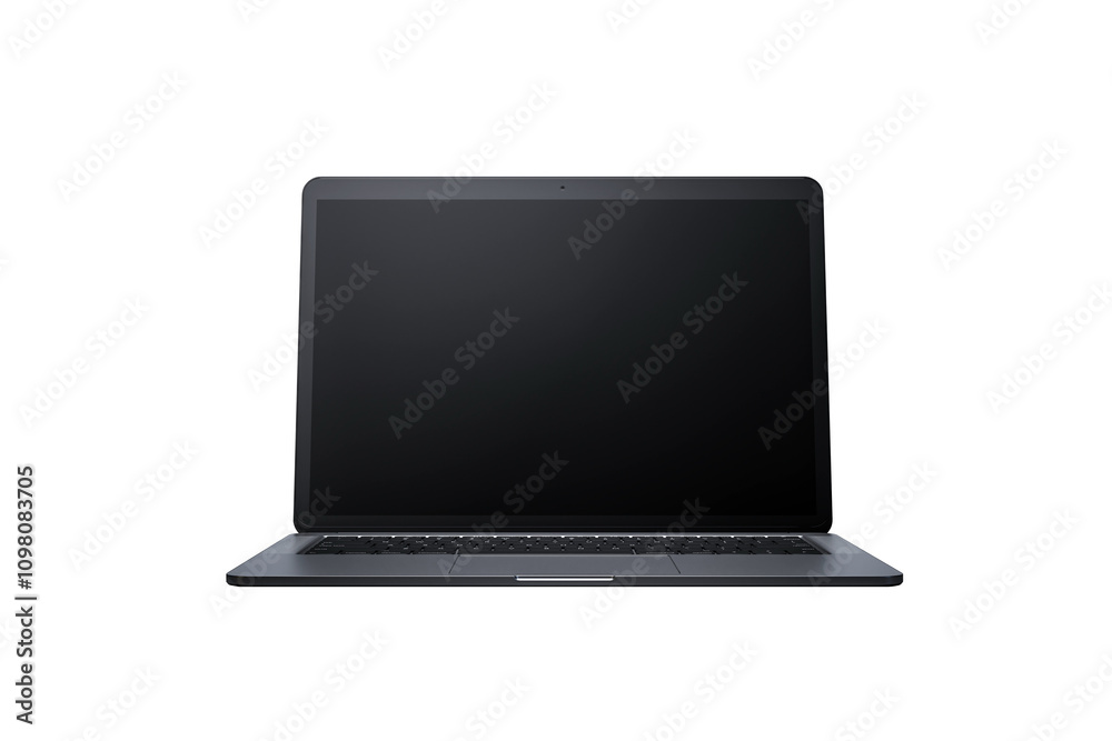 Poster black laptop with blank display screen isolated on a clean white background, perfect for mockup desi
