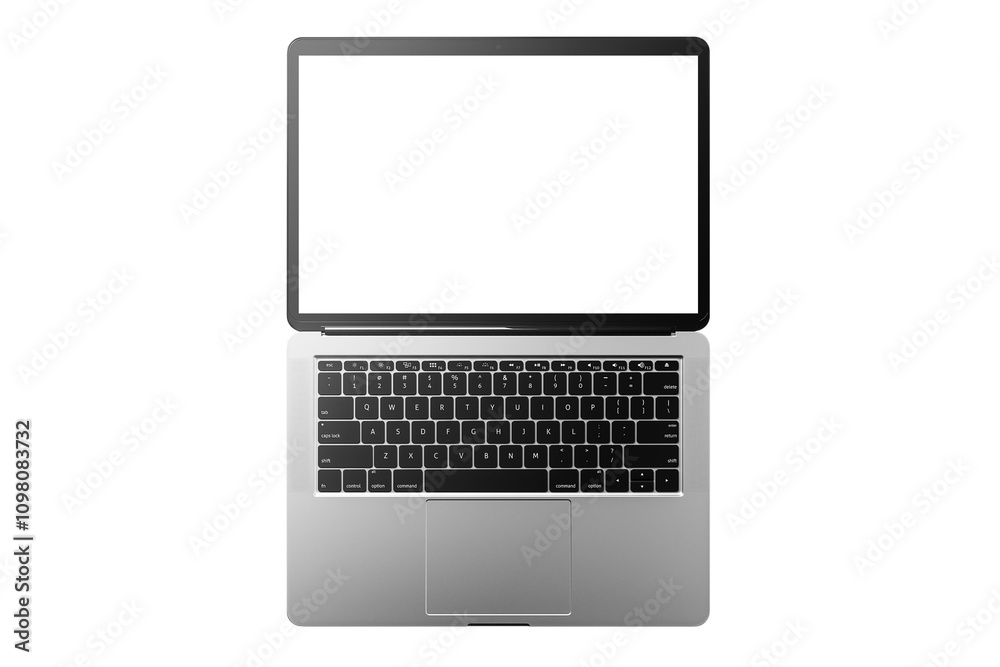 Poster Silver laptop with blank white screen, black keyboard, isolated on white background, clean layout for mockup, empty display concept. 3D Rendering.