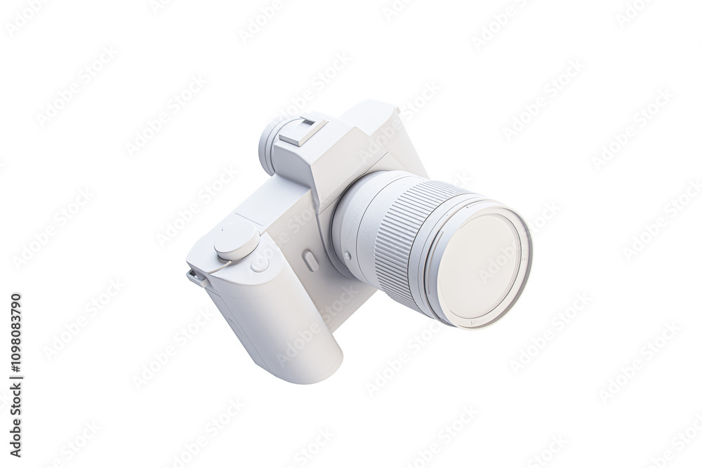 Poster white camera model with lens isolated on a white background, clean and minimalistic, 3d rendering, c