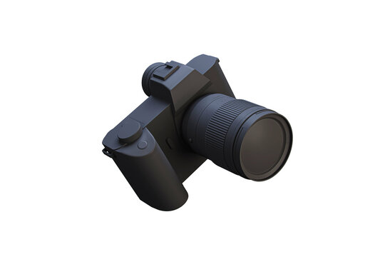 A black camera model with a detailed lens and buttons, isolated on a white background, clean and minimalistic design element. 3D Rendering.