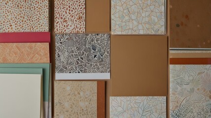 Fototapeta premium Flatlay of textured papers and cardstock samples in earthy tones.