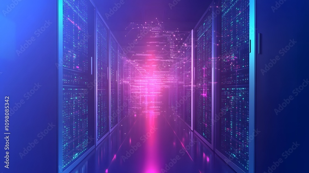 Poster serverless computing: imagine a vast server farm disappearing into a digital void, with abstract cod