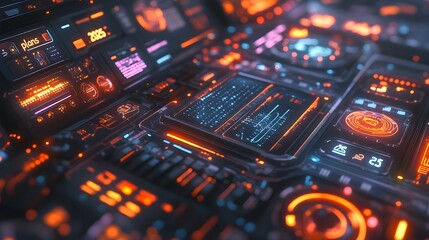 Fototapeta premium Neon lights illuminate a high-tech interface filled with graphs, data points, and glowing elements focusing on plans 2025