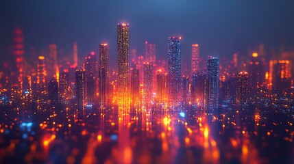 Obraz premium A glowing cityscape connected by vibrant fiber optic light streams