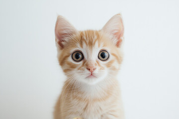 A beautiful red kitten in close-up. Cute kitten on a white background. Pet. Animal care. Background with animals